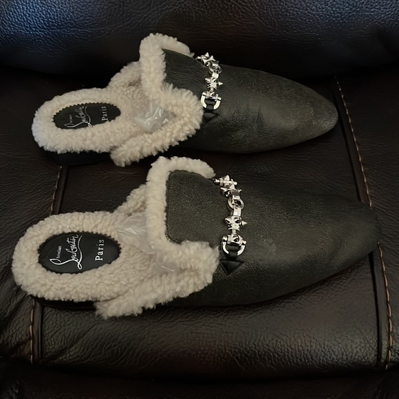 Christian Louboutin mens red bottom spike shearling leather loafer mules NWB - Picture 10 of 11